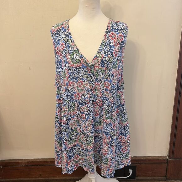 Cynthia Rowley Blue Pink White Floral V-Neck Sleeveless Blouse Size 1 X EUC - Picture 2 of 10